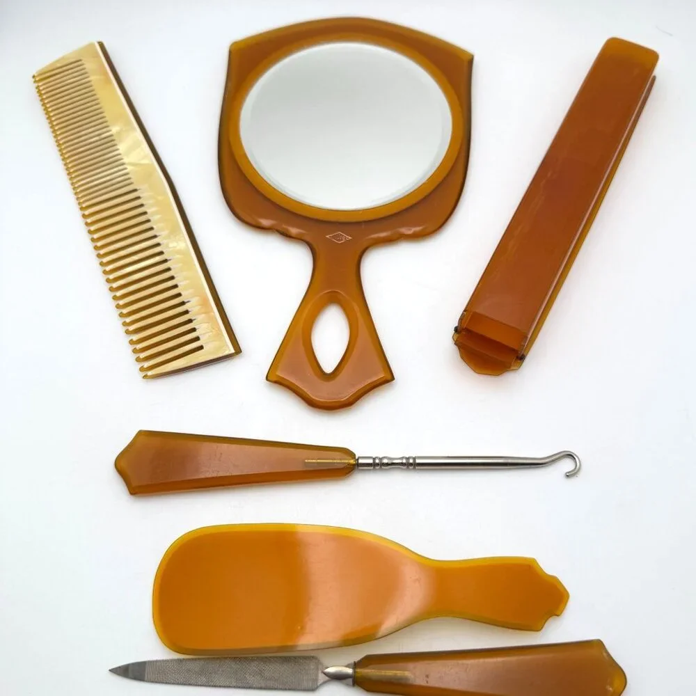 Deco Wilcox Vanity Set Comb Box Hook File Shoe Horn Mirror Celluloid Bakelite